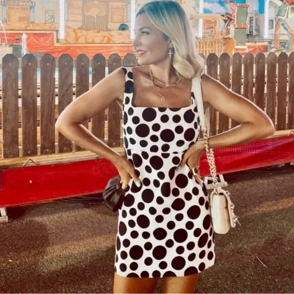 zara black and white mini dress Zara Cream Black Polka Dot V-neck Ruffle Layered Smocked Chiffon Mini – Brie main image 1